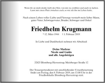Anzeige  Friedhelm Krugmann  Lippische Landes-Zeitung
