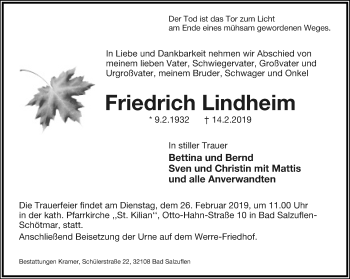 Anzeige  Friedrich Lindheim  Lippische Landes-Zeitung