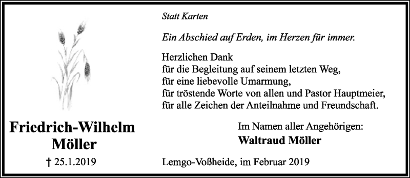  Traueranzeige für Friedrich-Wilhelm Möller vom 21.02.2019 aus Lippische Landes-Zeitung