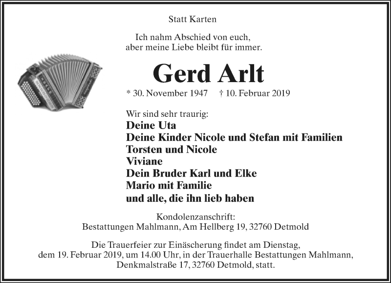  Traueranzeige für Gerd Arlt vom 16.02.2019 aus Lippische Landes-Zeitung