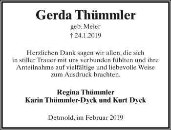 Anzeige  Gerda Thümmler  Lippische Landes-Zeitung