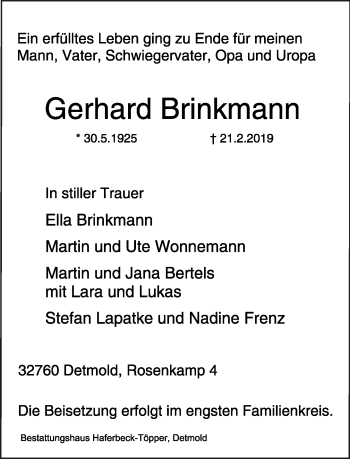 Anzeige  Gerhard Brinkmann  Lippische Landes-Zeitung