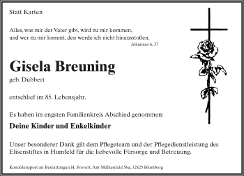 Anzeige  Gisela Breuning  Lippische Landes-Zeitung