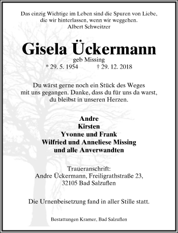 Anzeige  Gisela Ückermann  Lippische Landes-Zeitung