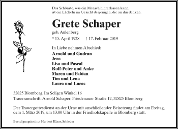 Anzeige  Grete Schaper  Lippische Landes-Zeitung