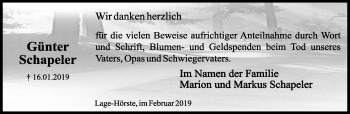 Anzeige  Günter Schapeler  Lippische Landes-Zeitung