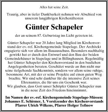 Anzeige  Günter Schapeler  Lippische Landes-Zeitung