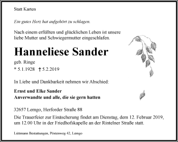 Anzeige  Hanneliese Sander  Lippische Landes-Zeitung