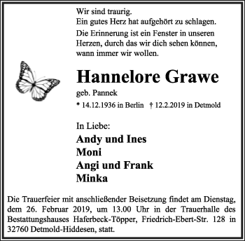 Anzeige  Hannelore Grawe  Lippische Landes-Zeitung