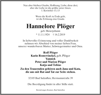 Anzeige  Hannelore Plöger  Lippische Landes-Zeitung