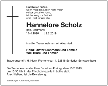 Anzeige  Hannelore Scholz  Lippische Landes-Zeitung