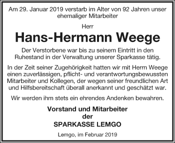 Anzeige  Hans-Hermann Weege  Lippische Landes-Zeitung