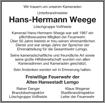 Anzeige  Hans-Hermann Weege  Lippische Landes-Zeitung