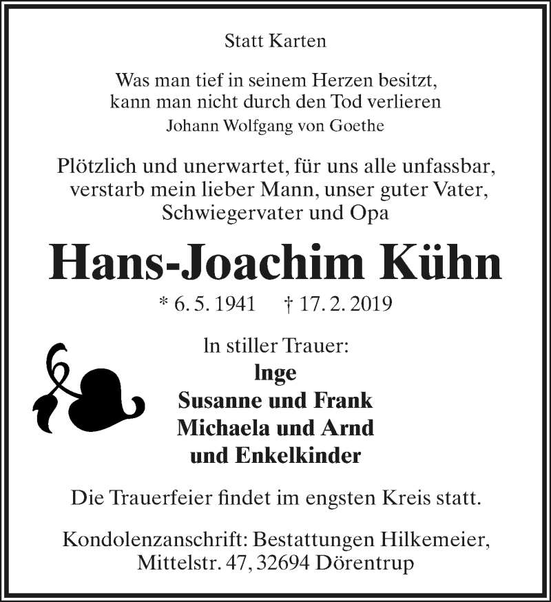  Traueranzeige für Hans-Joachim Kühn vom 23.02.2019 aus Lippische Landes-Zeitung
