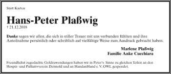 Anzeige  Hans-Peter Plaßwig  Lippische Landes-Zeitung