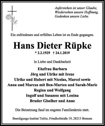 Anzeige  Hans Dieter Rüpke  Lippische Landes-Zeitung
