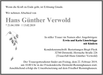 Anzeige  Hans Günther Verwold  Lippische Landes-Zeitung