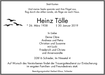 Anzeige  Heinz Tölle  Lippische Landes-Zeitung