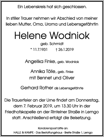 Anzeige  Helene Wodniok  Lippische Landes-Zeitung