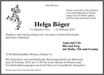 Anzeige  Helga Böger  Lippische Landes-Zeitung