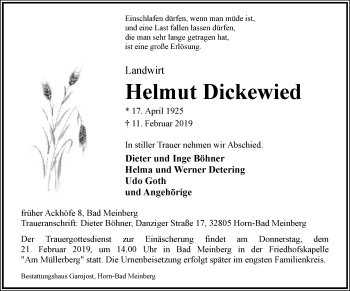 Anzeige  Helmut Dickewied  Lippische Landes-Zeitung