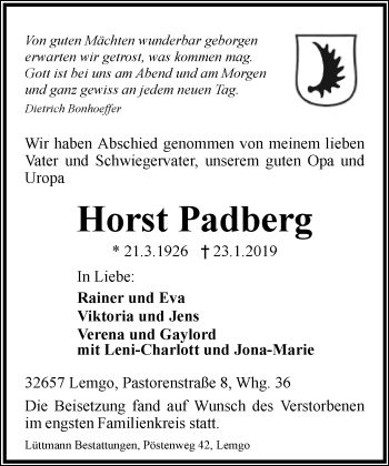 Anzeige  Horst Padberg  Lippische Landes-Zeitung