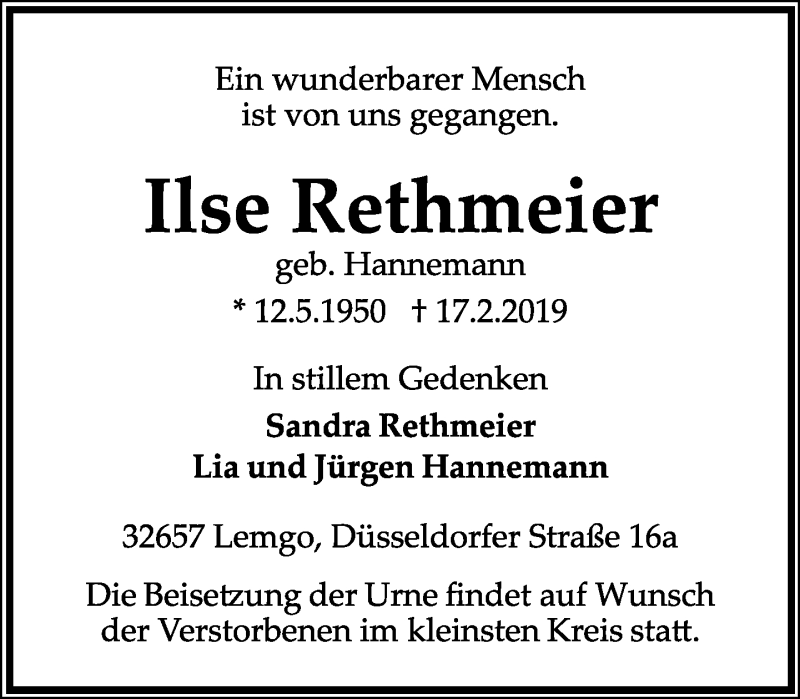  Traueranzeige für Ilse Rethmeier vom 22.02.2019 aus Lippische Landes-Zeitung