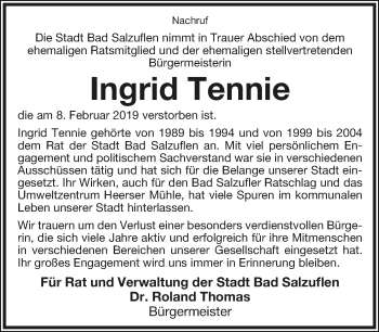 Anzeige  Ingrid Tennie  Lippische Landes-Zeitung
