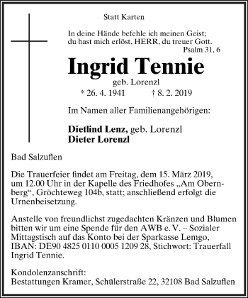 Anzeige  Ingrid Tennie  Lippische Landes-Zeitung