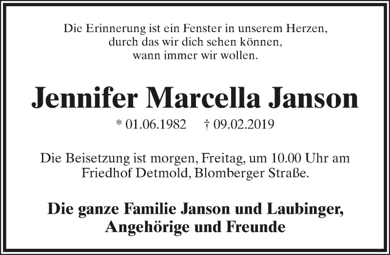  Traueranzeige für Jennifer Marcella Janson vom 14.02.2019 aus Lippische Landes-Zeitung