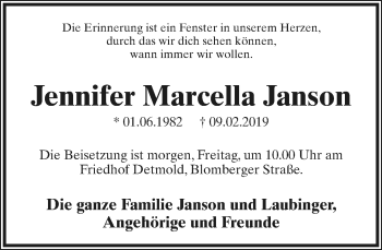 Anzeige  Jennifer Marcella Janson  Lippische Landes-Zeitung