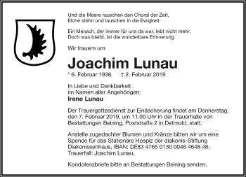 Anzeige  Joachim Lunau  Lippische Landes-Zeitung
