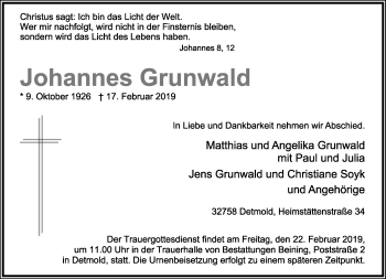 Anzeige  Johannes Grunwald  Lippische Landes-Zeitung