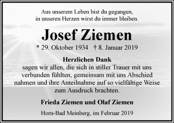 Anzeige  Josef Ziemen  Lippische Landes-Zeitung
