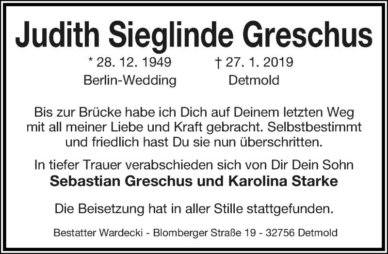  Traueranzeige für Judith Sieglinde Greschus vom 02.02.2019 aus Lippische Landes-Zeitung