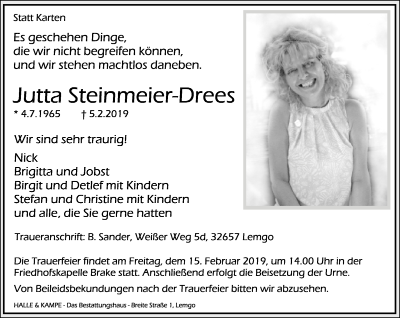  Traueranzeige für Jutta Steinmeier-Drees vom 09.02.2019 aus Lippische Landes-Zeitung