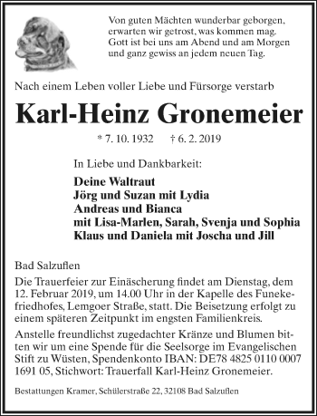 Anzeige  Karl-Heinz Gronemeier  Lippische Landes-Zeitung