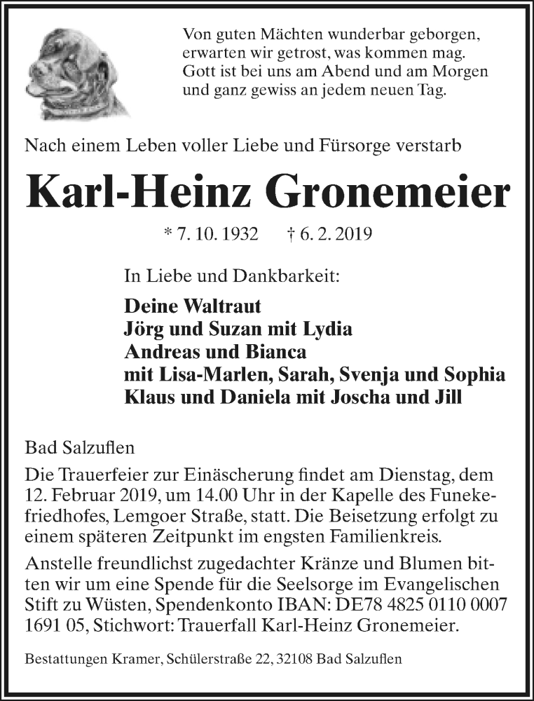  Traueranzeige für Karl-Heinz Gronemeier vom 09.02.2019 aus Lippische Landes-Zeitung