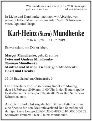 Anzeige  Karl-Heinz Mundhenke  Lippische Landes-Zeitung