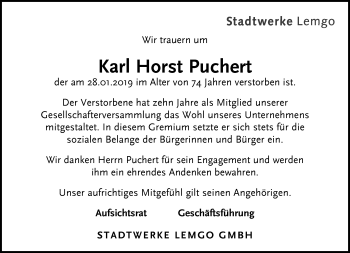 Anzeige  Karl Horst Puchert  Lippische Landes-Zeitung