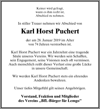 Anzeige  Karl Horst Puchert  Lippische Landes-Zeitung