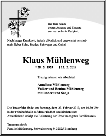 Anzeige  Klaus Mühlenweg  Lippische Landes-Zeitung