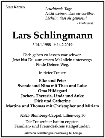 Anzeige  Lars Schlingmann  Lippische Landes-Zeitung