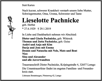 Anzeige  Lieselotte Pachnicke  Lippische Landes-Zeitung
