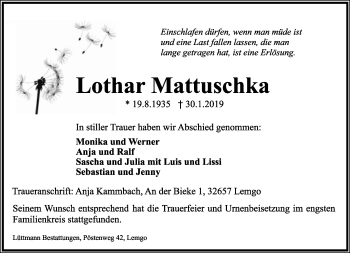 Anzeige  Lothar Mattuschka  Lippische Landes-Zeitung