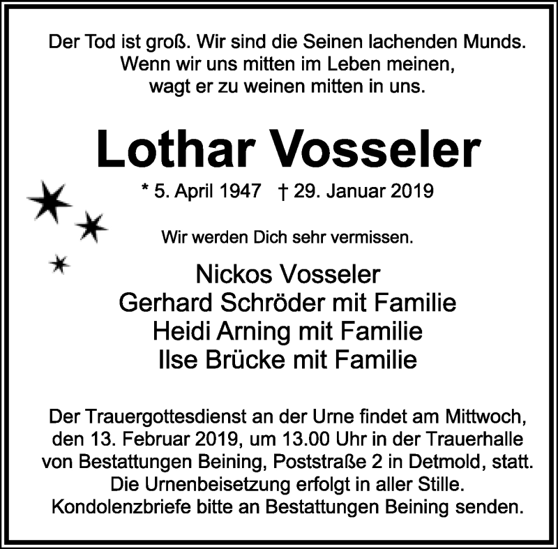  Traueranzeige für Lothar Vosseler vom 09.02.2019 aus Lippische Landes-Zeitung