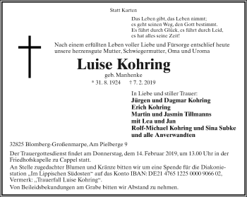 Anzeige  Luise Kohring  Lippische Landes-Zeitung