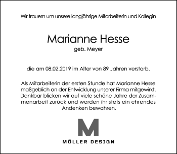 Anzeige  Marianne Hesse  Lippische Landes-Zeitung