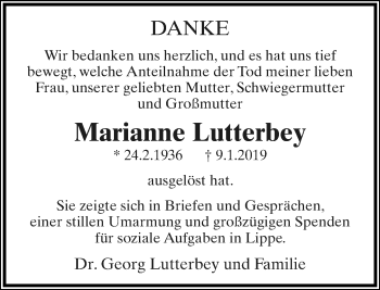 Anzeige  Marianne Lutterbey  Lippische Landes-Zeitung