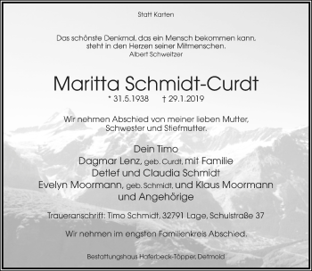 Anzeige  Maritta Schmidt-Curdt  Lippische Landes-Zeitung